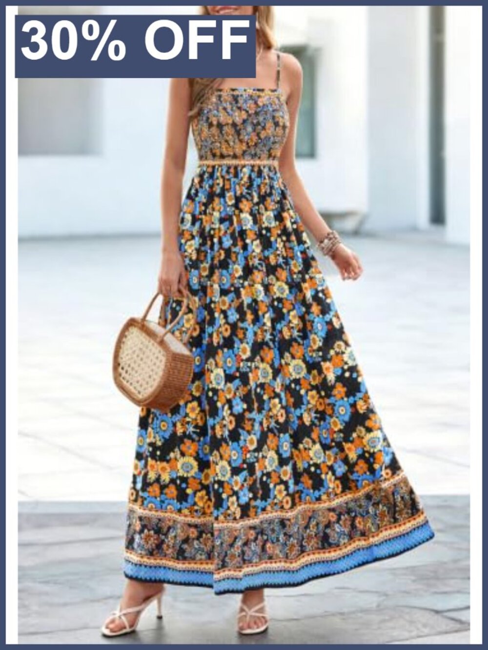 Women's Floral Maxi Dress Boho Spaghetti Strap A-Line Sleeveless Beach Summer - Picture 4 of 6